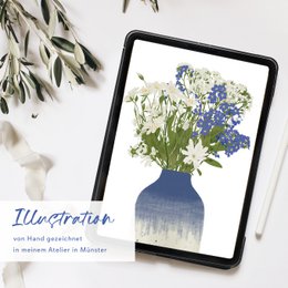 Postcard blue vase with blue and white wildflowers