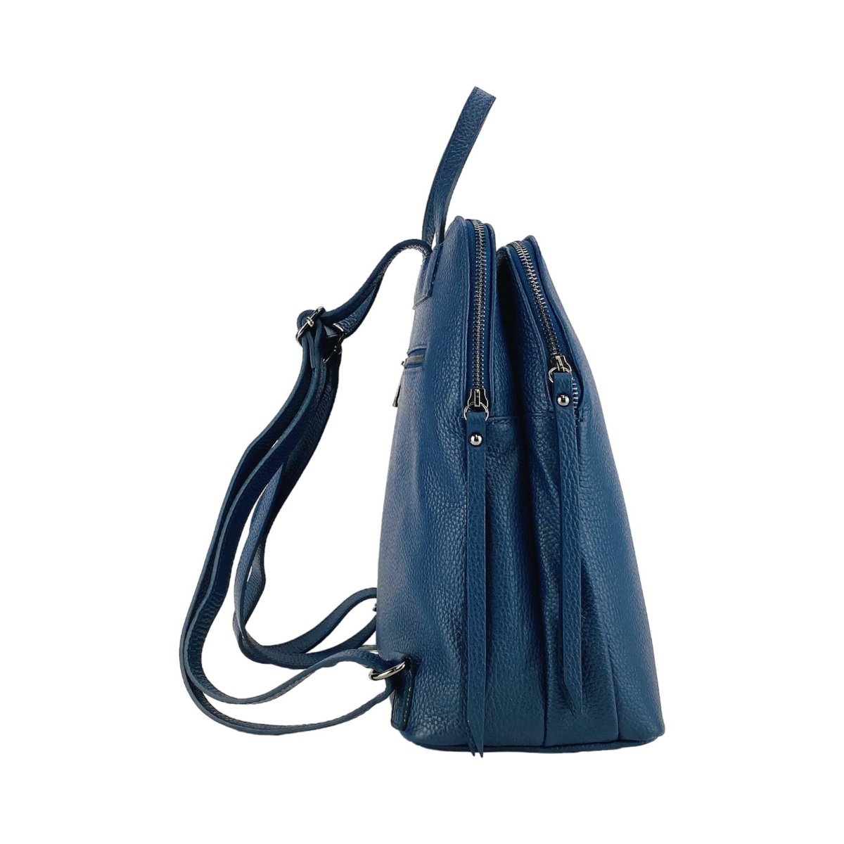 RB1018D | Echt leren damesrugzak met dubbel compartiment, gemaakt in Italië, met verstelbare schouderbanden. Gunmetal metalen accessoires - Blauwe kleur - Afmetingen: 26 x 30 x 14,5 cm
