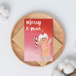 Festive gingerbread cookie with candy cane, Christmas card with cheerful holiday message.