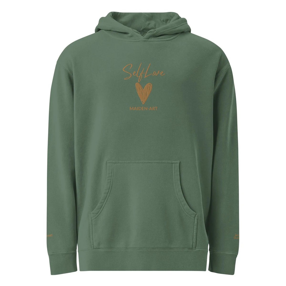 Self Love Unisex pigmentgefärbter Kapuzenpullover mit Altgold-Stickerei | Modischer Kapuzenpullover