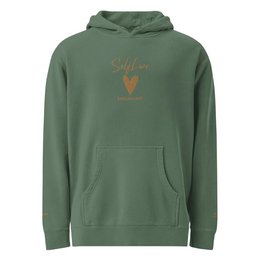 Self Love Unisex pigmentgefärbter Kapuzenpullover mit Altgold-Stickerei | Modischer Kapuzenpullover