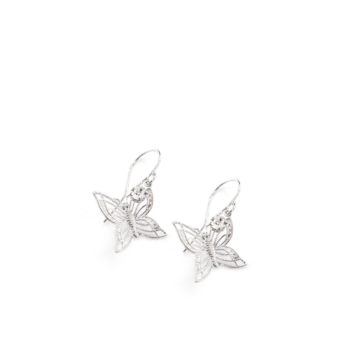 Rhodium plated butterfly earrings with charms