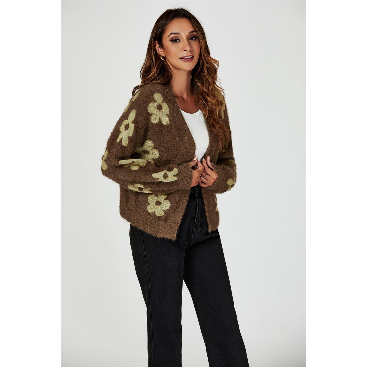 Flowers Pattern Knitted Cardigan In Brown
