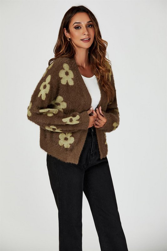 Blomster mønster strikket cardigan i brun