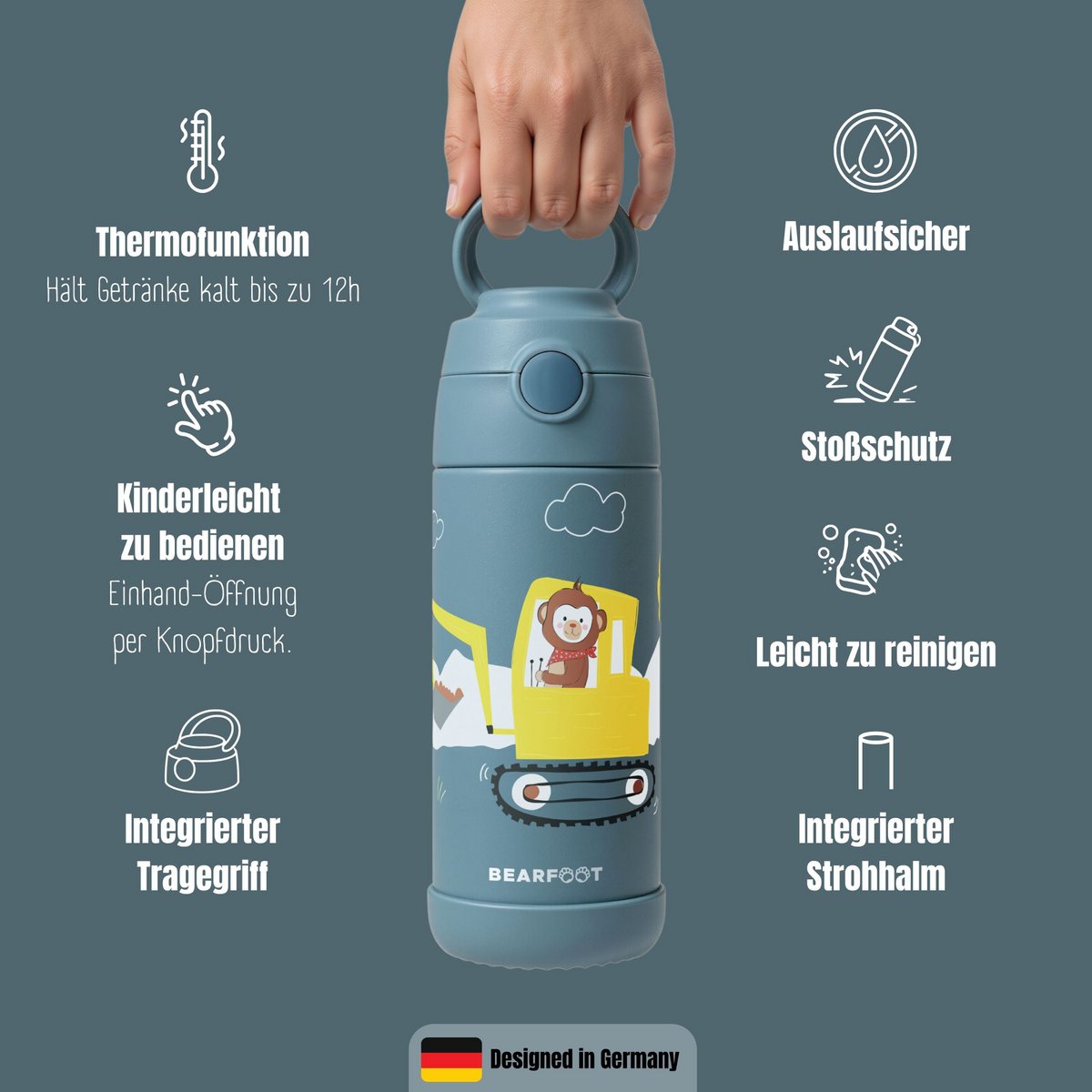 Thermo kinderdrinkfles RVS - graafmachine aap blauw