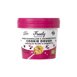 White chocolate and confetti cookie dough in a pink container with a festive design.