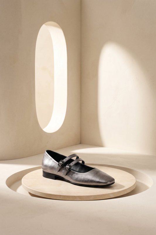 CANDY METAL SILVER – Mary-Jane-Flats mit Doppelriemen aus Metallic-Leder