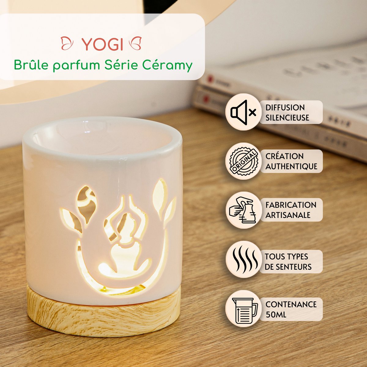 Bruciatore di Profumo Serie Céramy – Yogi – Portacandela in Ceramica Laccata – Diffusione di Cere Profumate, Oli Essenziali – Idea Regalo Decorativa