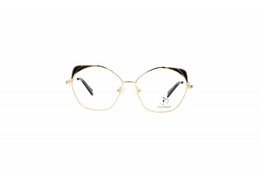 Stylish gold-framed eyeglasses with a unique cat-eye shape and black accents.