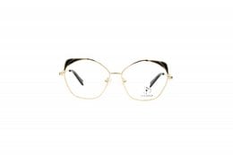 Stylish gold-framed eyeglasses with a unique cat-eye shape and black accents.