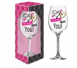 A large wine glass with the text "I'm crazy about you!" printed on it. The glass has a unique diamond-shaped pattern and comes in a pink gift box.