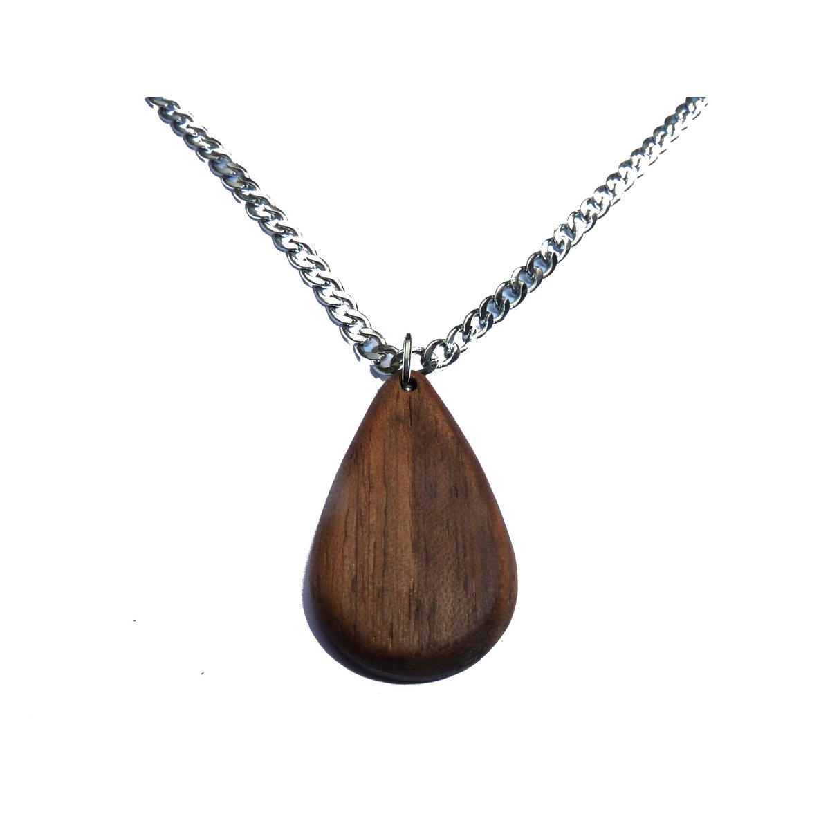 Collier en forme de goutte élégante en bois de noyer foncé, chaîne gourmette argentée en acier inoxydable, fait main