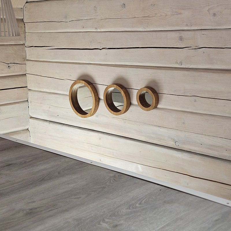 Set di 3 specchi di quercia artigianali per spazi rustici, minimalisti e di fattoria