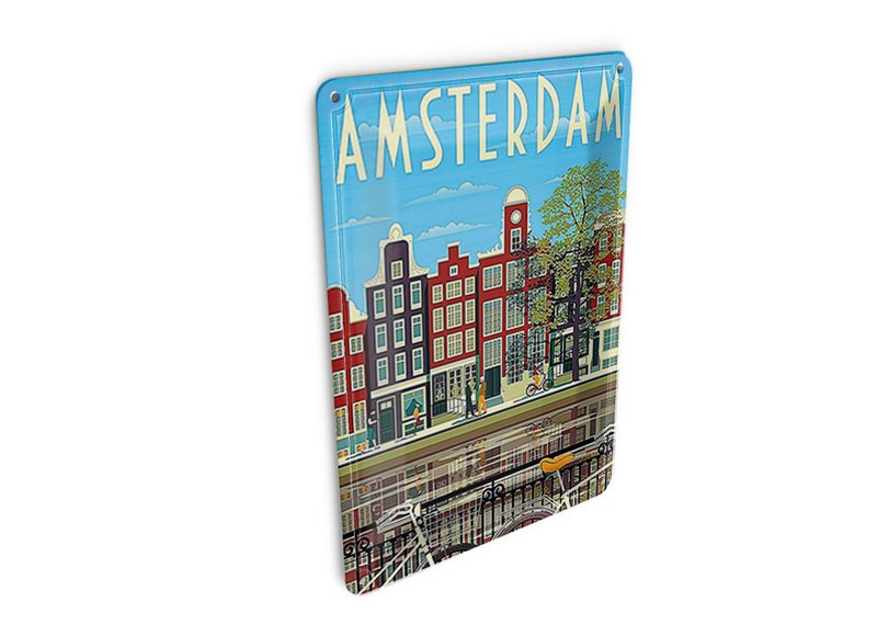 Postal de hojalata de viaje 10x14 cm Amsterdam Holanda bicicletas casas decoración cartel
