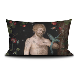 Decorative cushion cover featuring a Renaissance-style painting of a nude figure surrounded by flowers and foliage. The image has a dark, moody atmosphere with a dreamlike quality.
