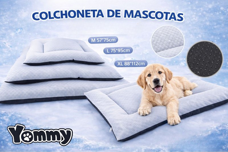 Yommy kølemåtte til kæledyr: Åndbart issilketæppe, blødt og skridsikkert. Fås i 3 farver (grøn, grå, blå) og størrelser M/L/XL. Ideel til hunde og katte, vaskbar og det bedste valg til sommeren. Kopi