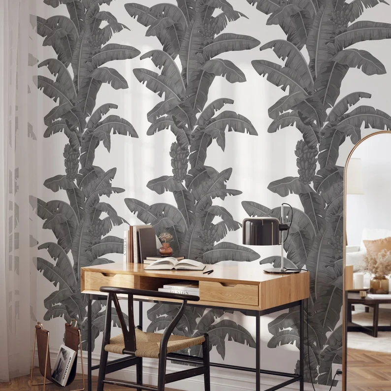 Papel pintado de hojas tropicales en blanco y negro