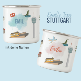  Enamel mug with colorful Stuttgart design, available in salmon and turquoise colors, featuring text and illustrations of landmarks.