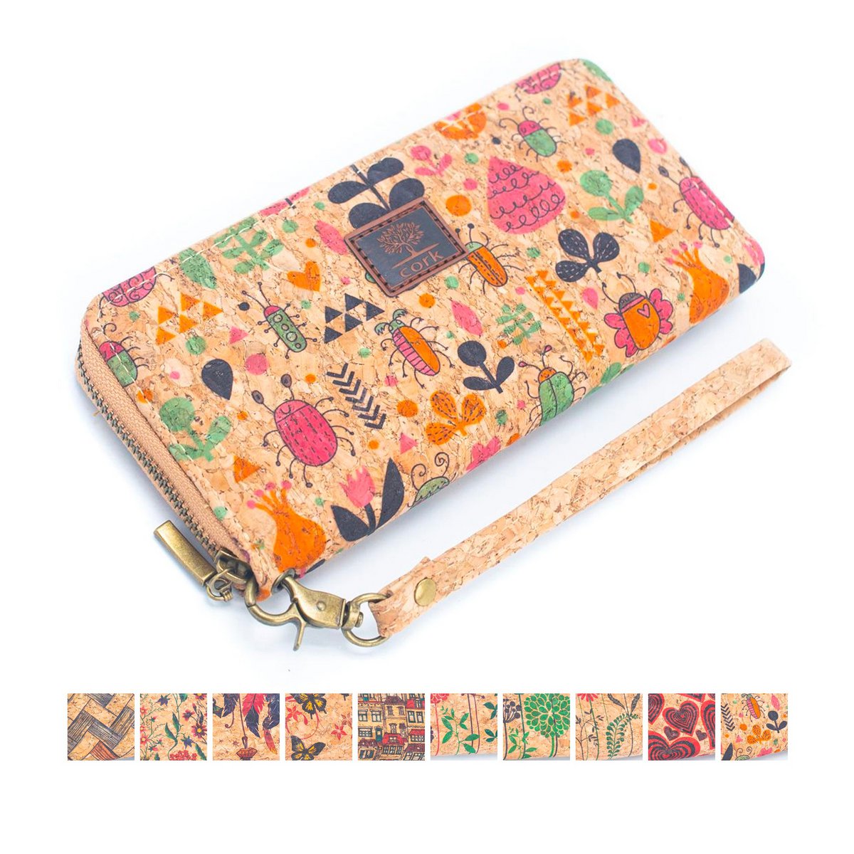 Cartera de tarjetas con cremallera para mujer de corcho natural de varios patrones BAG-2235