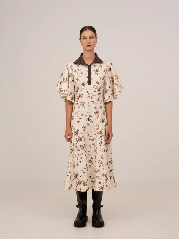 Abito longuette con stampa floreale marrone fiorisce