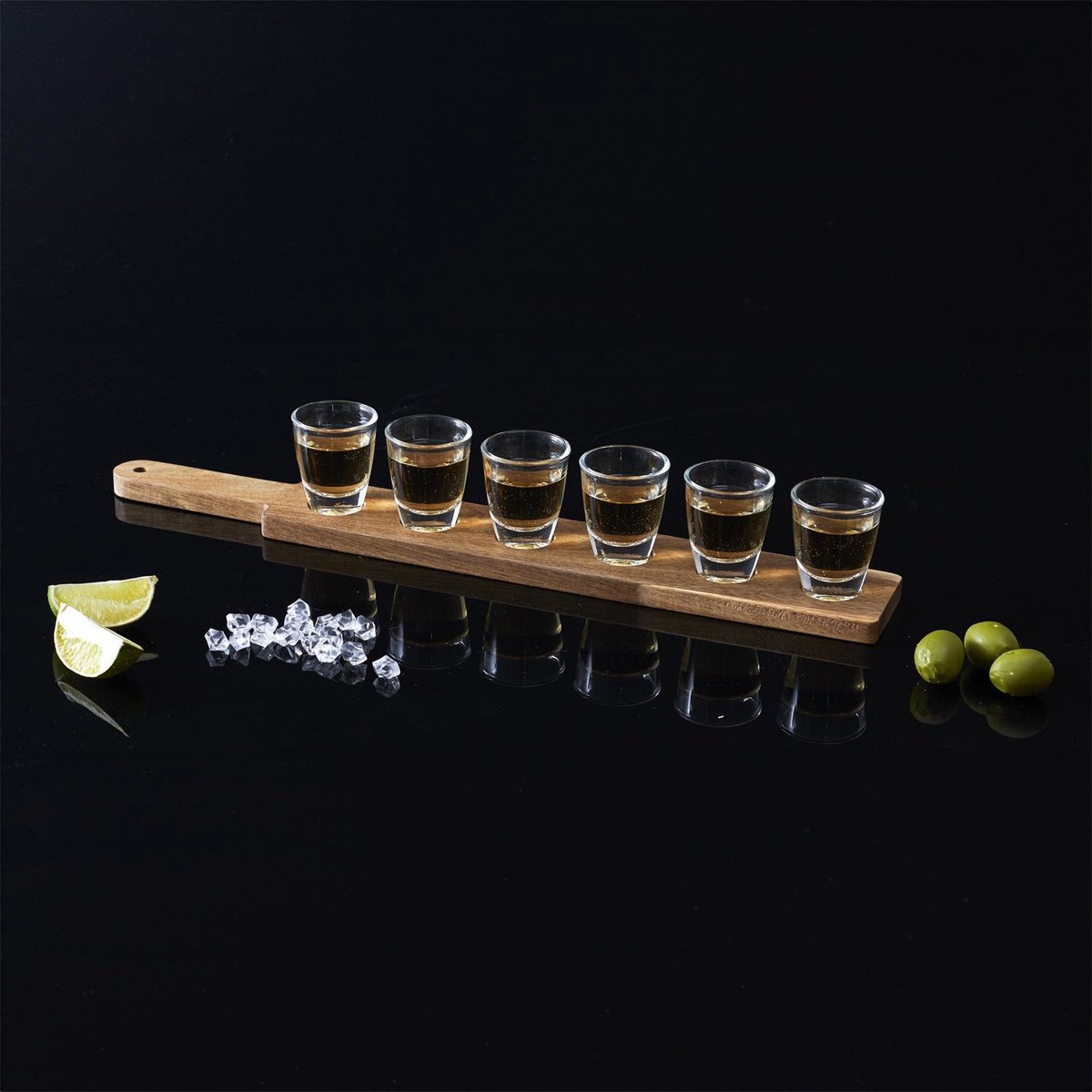Tablero de madera con 6 vasos de disparo - 42 x 6 x 8 cm - Gastas de chupito - Accesorios de barra - Gastas de chupito - Toteros - Regalo - Marrón
