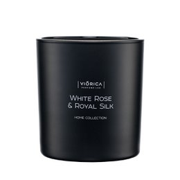 White rose scented candle in a black glass container with a royal silk fragrance.