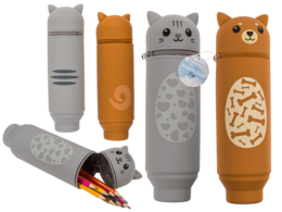  Pencil case with dog and cat designs, animal-shaped storage, gray and brown colors, cute pet characters.