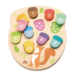 Wooden counting game with colorful acorn-shaped pieces. Includes numbers 1-10 and various shapes and patterns for educational play.
