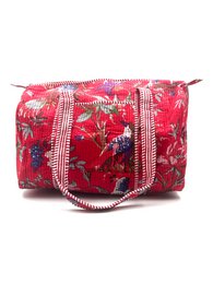 Red floral quilted diaper bag with gingham handles, roses and flowers pattern.