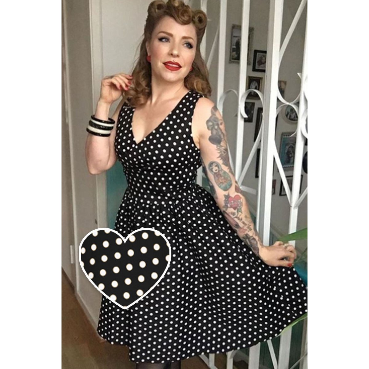 Stock UE May V-Neck 50-tych sukienki w stylu Black Polka Dot