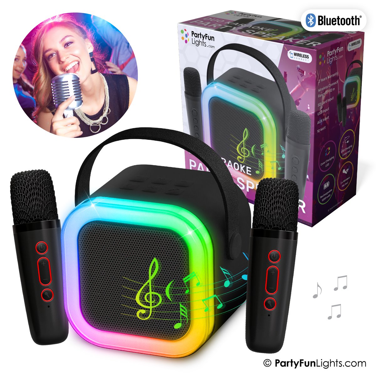 Mini duet Karaoke Set Party - z dwoma mikrofonami czarnymi - Odkryj oświetlenie - bezprzewodowe - dla dorosłych i dzieci
