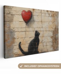 Canvas schilderij - Wanddecoratie Kat - Graffiti - Ballon - Street art - Abstract - Muurdecoratie woonkamer - Kamer decoratie modern - Abstracte schilderijen