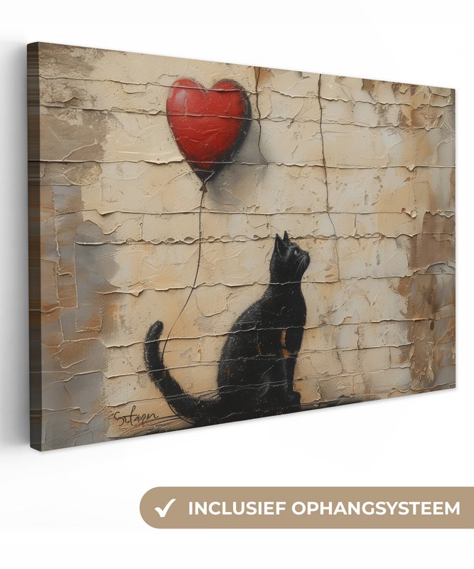 Canvas schilderij - Wanddecoratie Kat - Graffiti - Ballon - Street art - Abstract - Muurdecoratie woonkamer - Kamer decoratie modern - Abstracte schilderijen