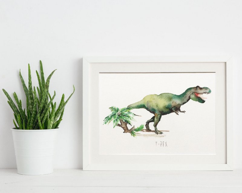 T-Rex aquarel dinosaurus kindermuur print
