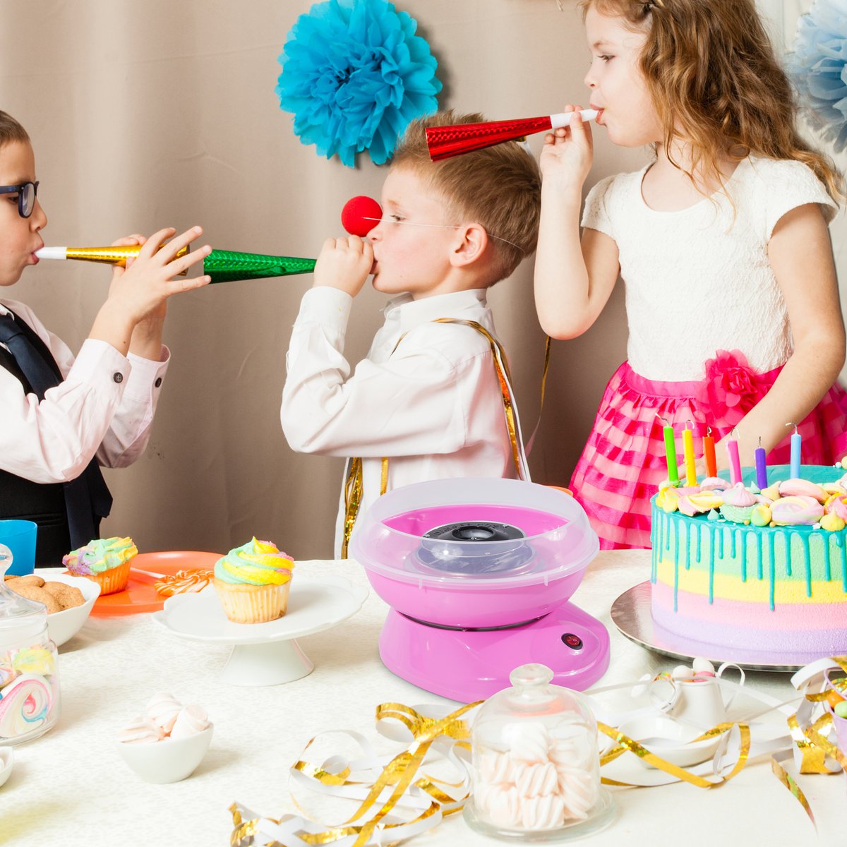  Zuckerwattemaschine für Zuhause Cotton Candy Machine Zuckerwatte Maschine mit Stäbchen und Messlöffel Höhe 18 cm 550W für Kinderfest, Geburtstag, Party Rosa