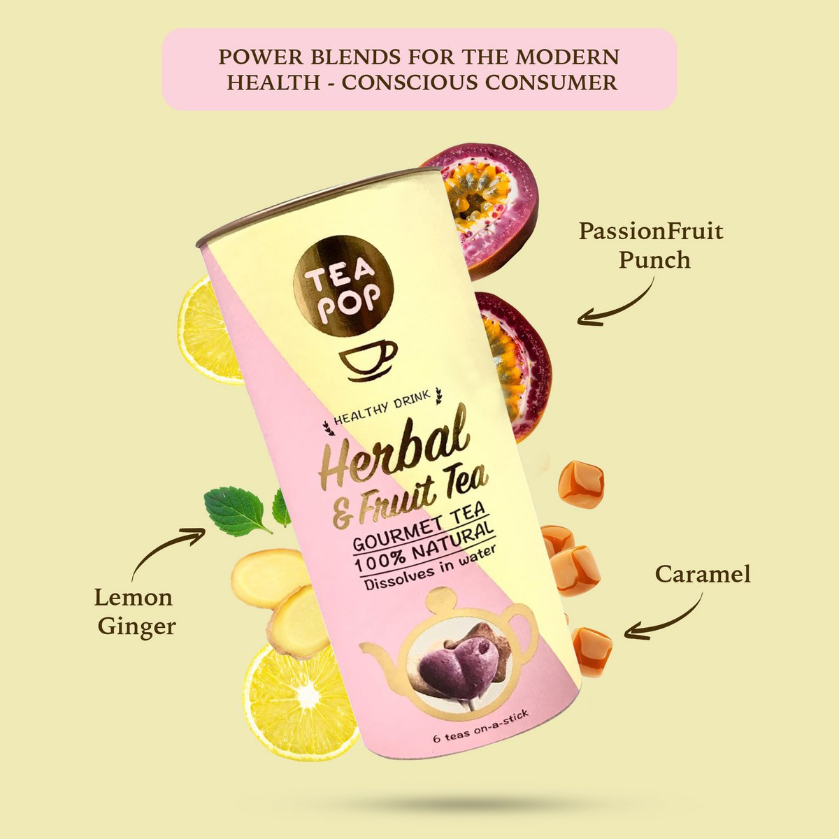 Herbal & Fruit TEA On-A-Stick! Gourmet Tea | 100% Natural | Dissolves Fully in Water