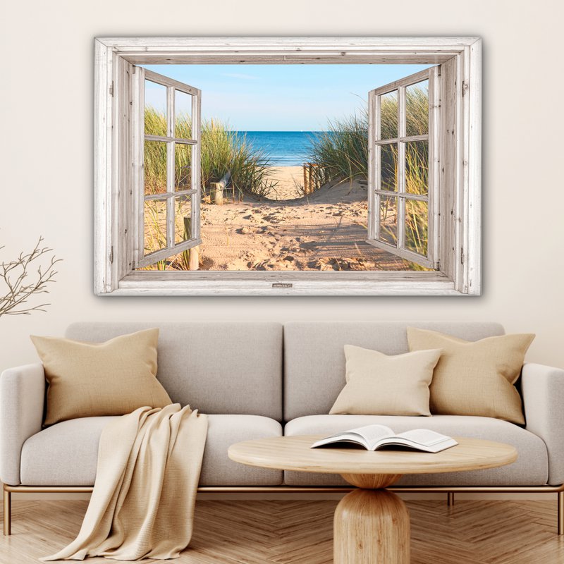 Canvas Maleri - Wall Decoration - View - Beach - Sea - Dunes - Sand - Water - Helmgras