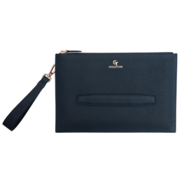A navy blue leather clutch bag with golden details, suitable for formal or casual occasions.