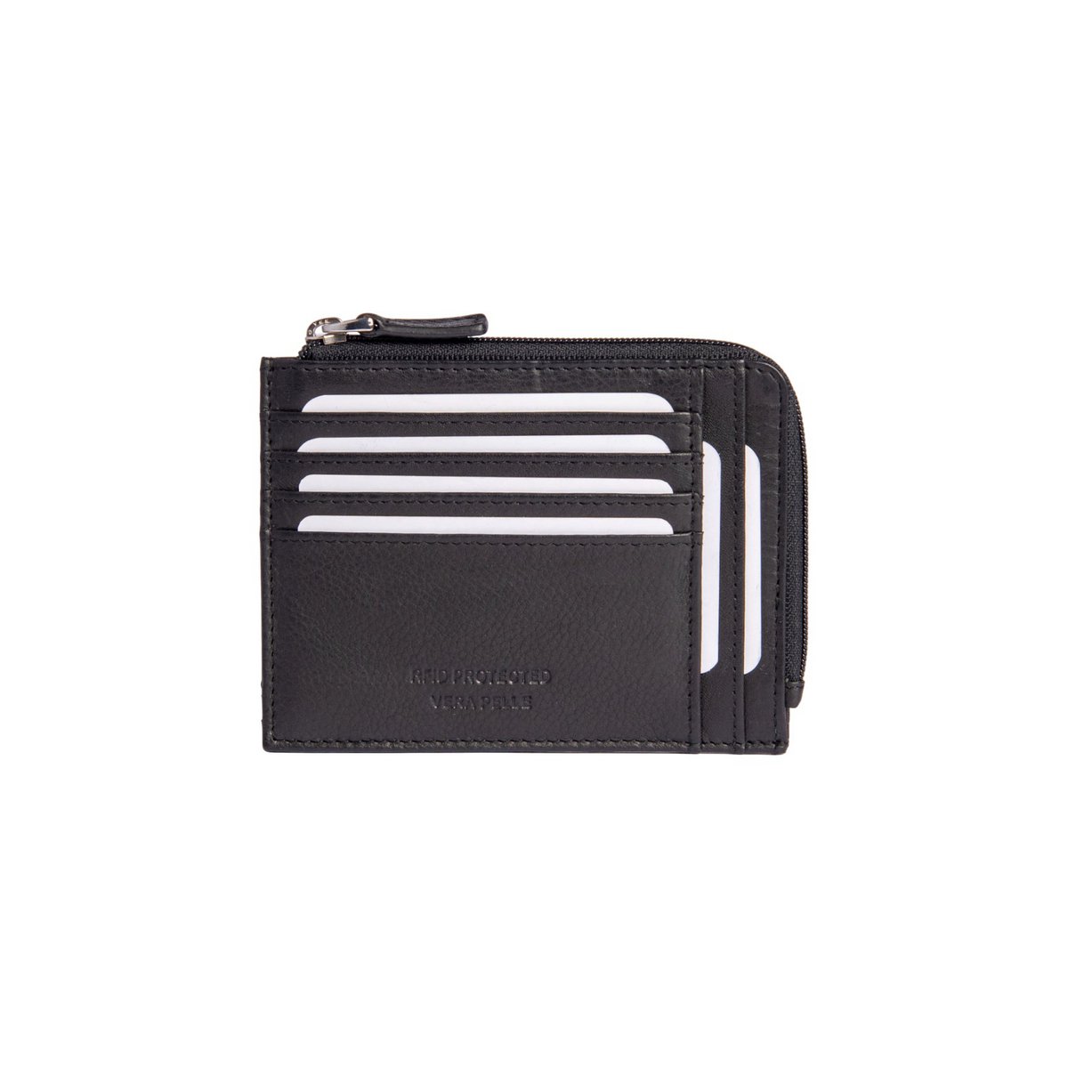 RB10793A | Karten-/Dokumentenetui mit Reißverschluss und RFID-Schutz aus echtem Vollnarbenleder mit leichter Narbung. Schwarze Farbe. Abmessungen: 12 x 9 x 0,5 cm