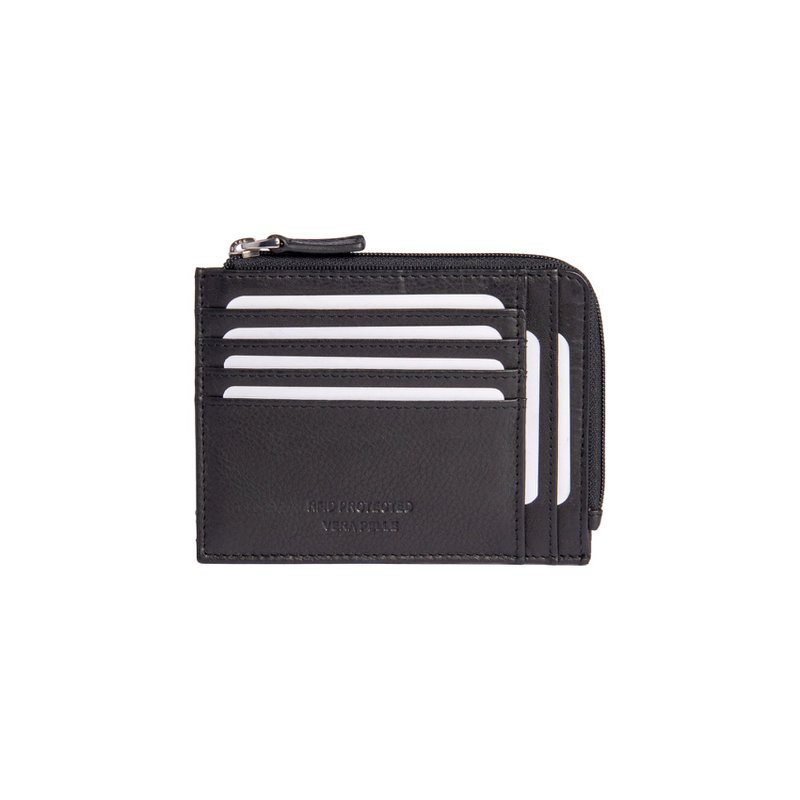 RB10793A | Karten-/Dokumentenetui mit Reißverschluss und RFID-Schutz aus echtem Vollnarbenleder mit leichter Narbung. Schwarze Farbe. Abmessungen: 12 x 9 x 0,5 cm