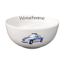  White porridge bowl with police car graphic and customizable name text. Ceramic material, round shape, suitable for breakfast cereal or other food items.
