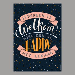 A poster with the text "Everyone is welcome here, let's get together" in a stylized design with a pink ribbon and stars on a dark background.