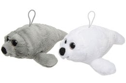 Plush seal toy, soft fabric, gray and white colors, round body shape, pet toy with hanging loop.