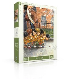 "500-piece puzzle featuring a whimsical illustration of children playing with pumpkins. The puzzle depicts a group of children gathered around a pumpkin patch, with a brick wall and decorative iron fence in the background."