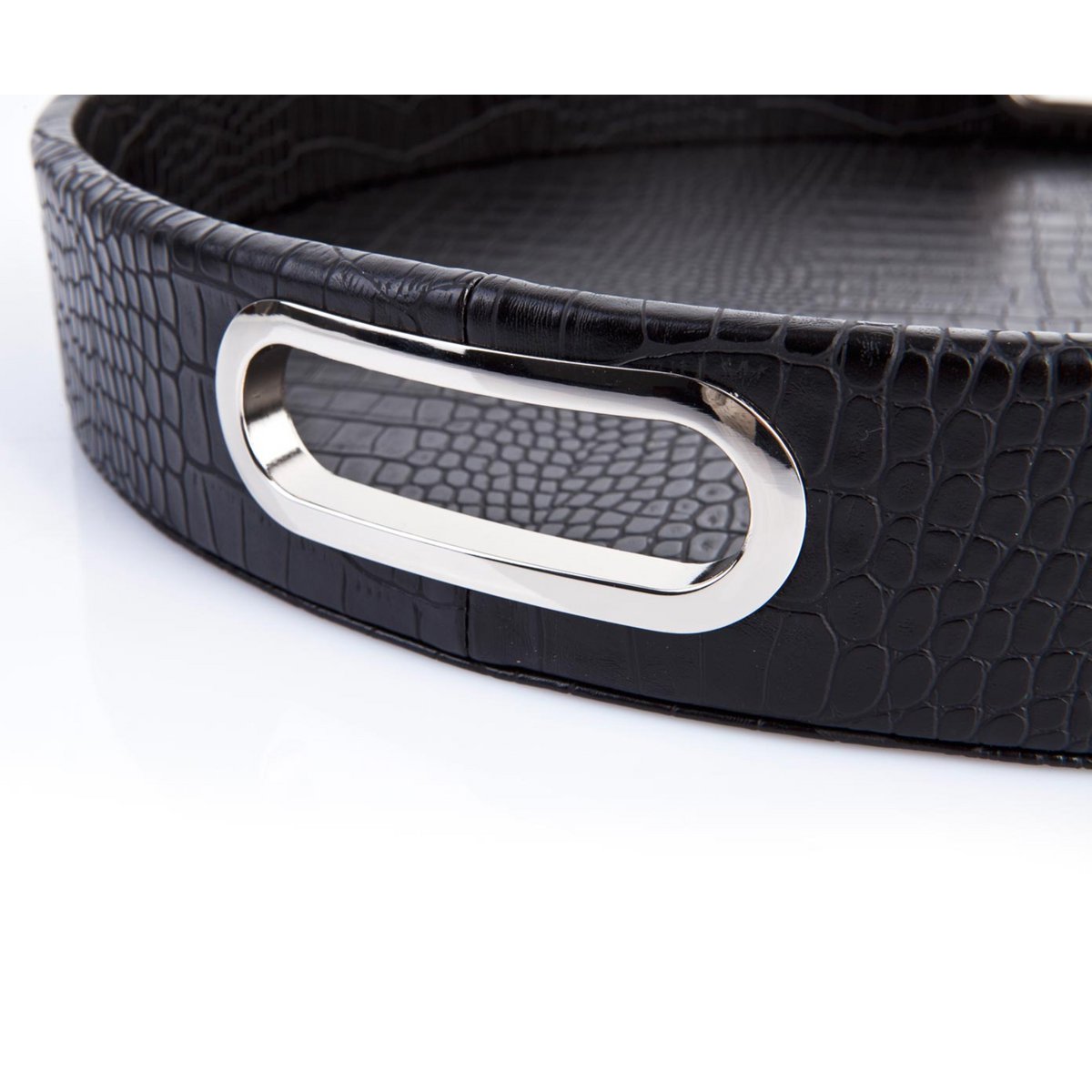 Plateau rond en cuir de crocodile simili cuir noir avec poignées en acier inoxydable plateau de service