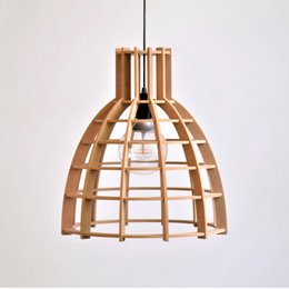 Wooden pendant light with a dome-shaped design and a grid-like structure, available in different sizes.