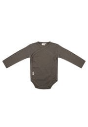 Long-sleeved olive green bodysuit for newborns, available in sizes 0-1 months, 1-3 months, 3-6 months, 6-9 months, and 9-12 months.