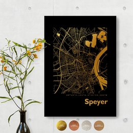 Decorative wall art featuring a map of Speyer in a modern, angular design. Available in various colors and sizes, including gold, copper, rose gold, silver, and white. The map showcases the city's streets and landmarks in a stylized, abstract manner.