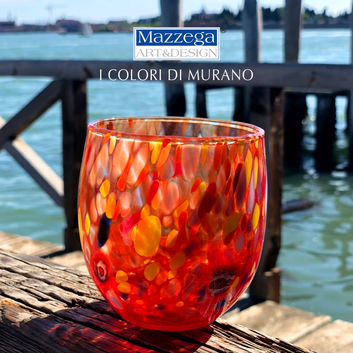 Klassieke waterglazen van handgeblazen en handgemaakt glas met Murano Murrine, lijn “I Colori di Murano”, 320 ml. Gemaakt in Italië