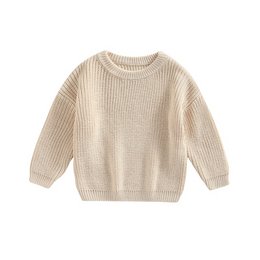 Cozy, cream-colored knitted baby sweater with a round neckline and long sleeves. Made of soft, warm material suitable for infants and toddlers.